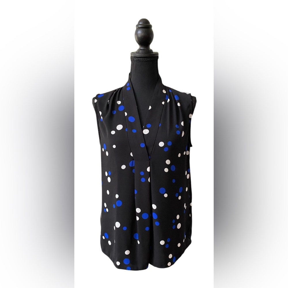 Talbots: Blue V Neck Blouse with Colorful Polka Dots